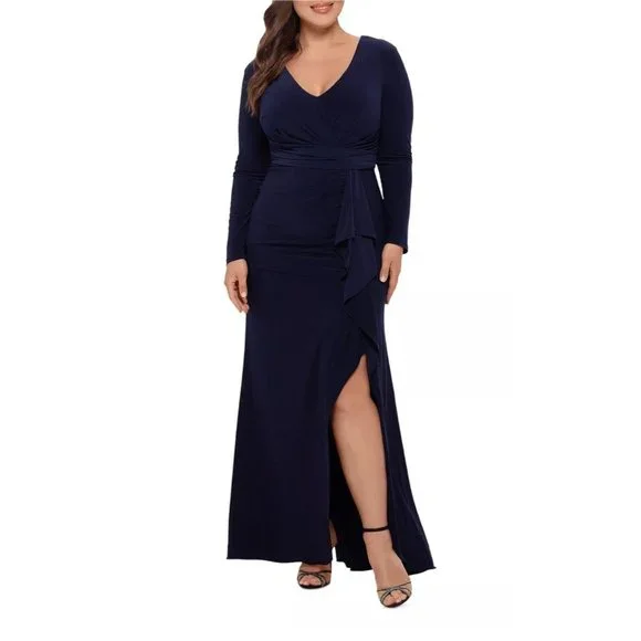 Betsy & Adam Womens Plus Knit V-Neck Evening Dress Navy 22W